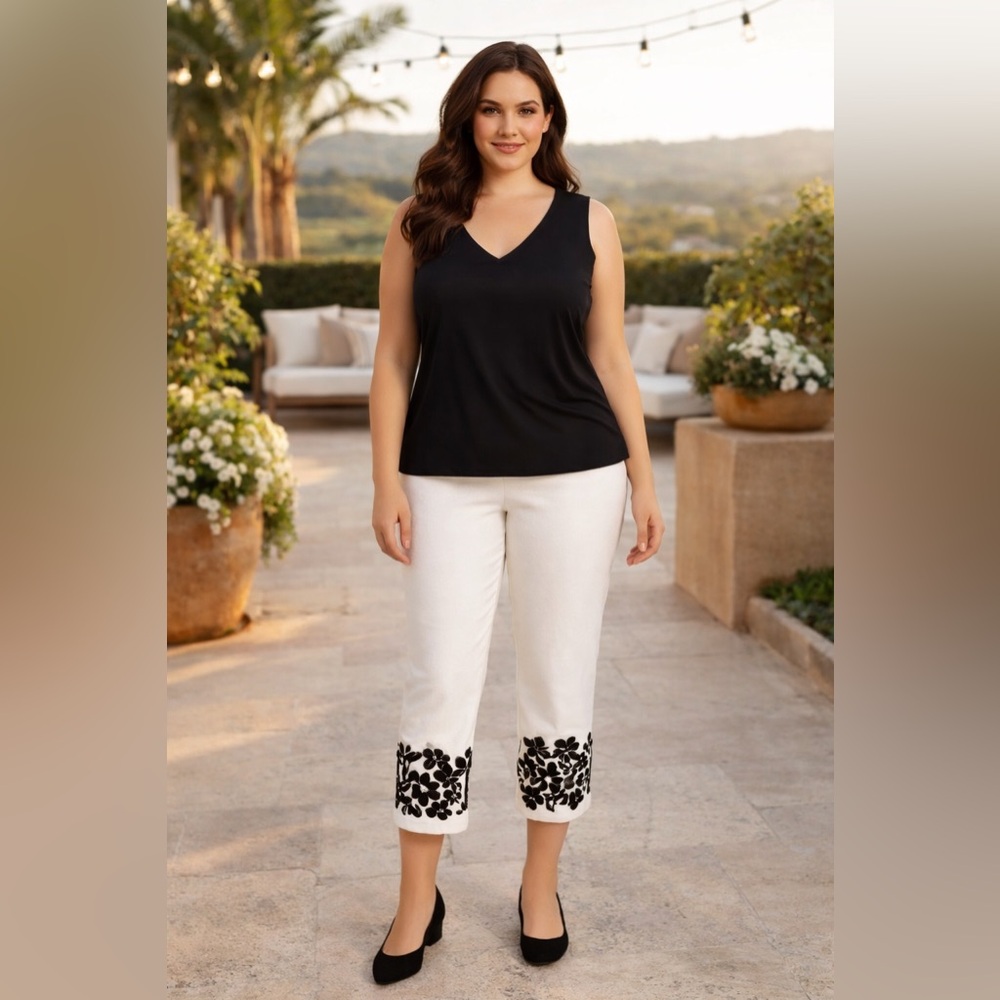 St. John's Bay White Capris with Black Floral Design